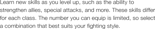 Learn new skills as you level up, such as the ability to strengthen allies, special attacks, and more. These skills differ for each class. The number you can equip is limited, so select a combination that best suits your fighting style.
